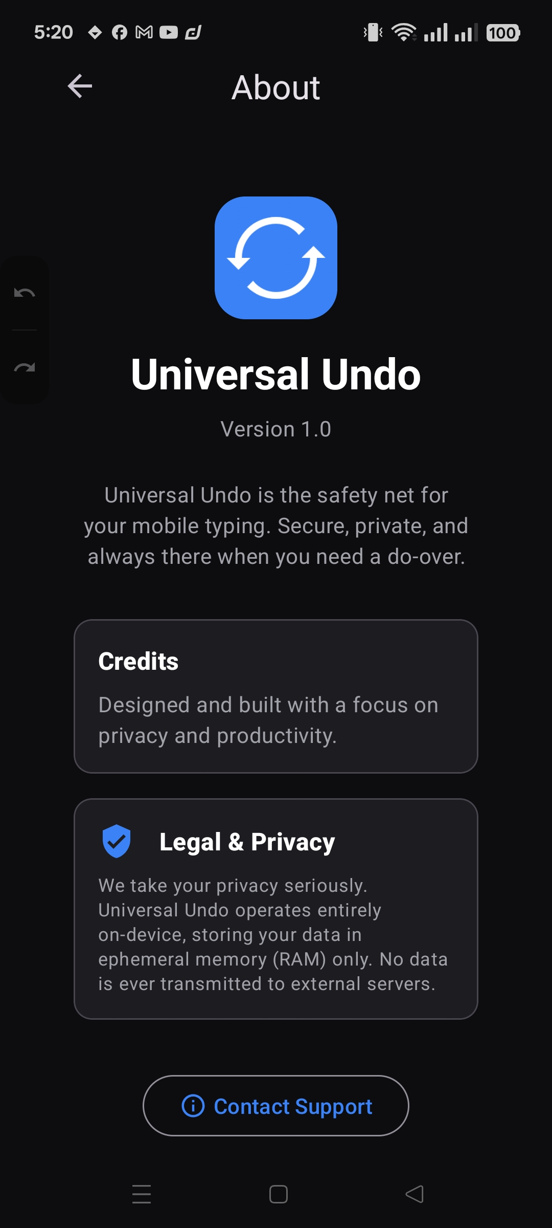 About screen showing privacy and support details